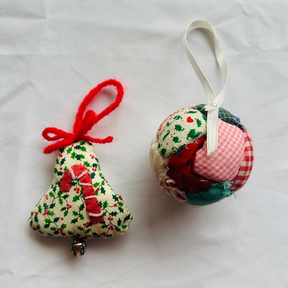 Vintage Handmade Bundle Of 2 Cottagecore Fabric Christmas Tree Ornaments